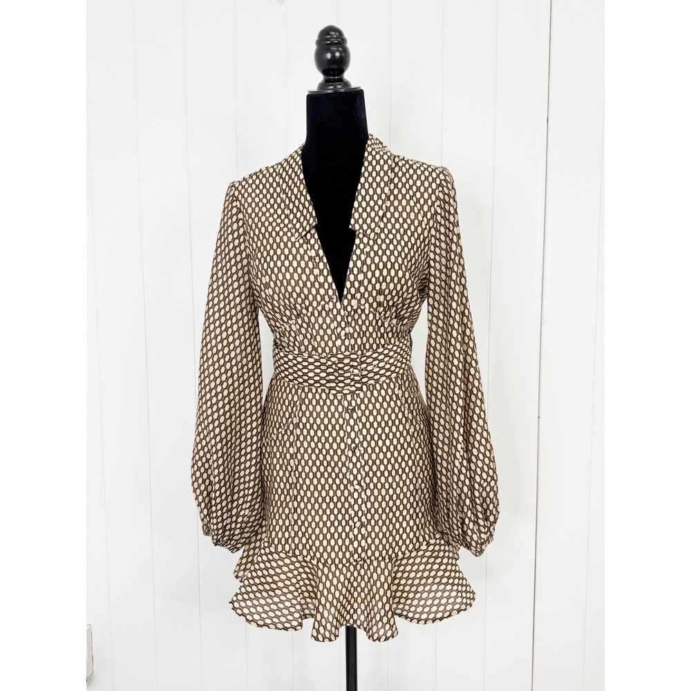 ASOS Brown Geometric Belted Ruffle Mini Dress NWT Women Size 4 Open Back Retro